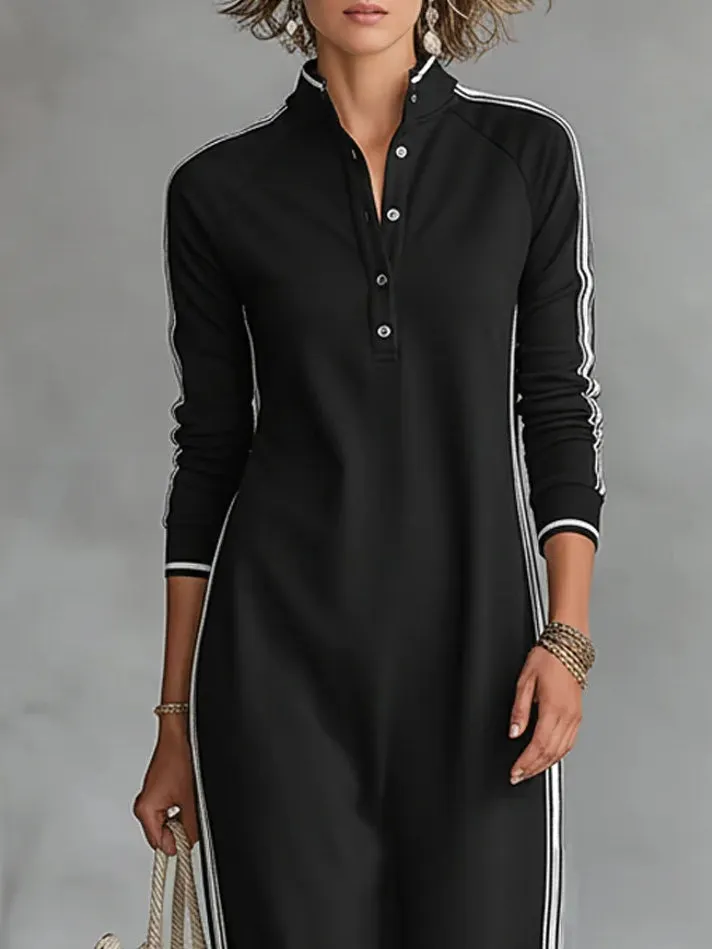 Black Minimalist White-trimmed Button-down Sweatshirt Maxi Dress
