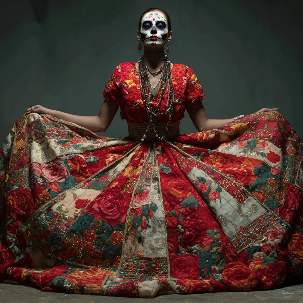 Mexican Day Of The Dead Floral Embroidery Sequin Short-sleeved Patchwork Evening Dress