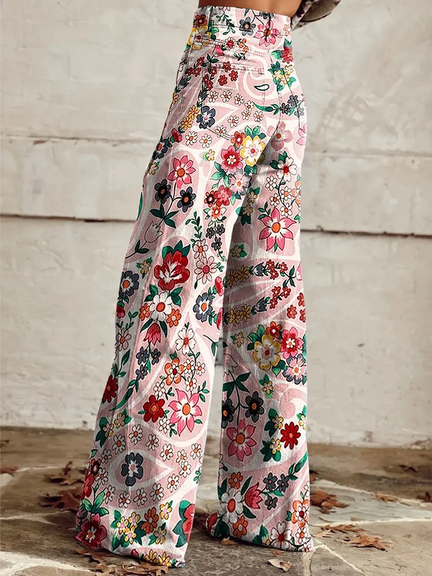 Vintage Stamen Print Casual Wide-Leg Pants