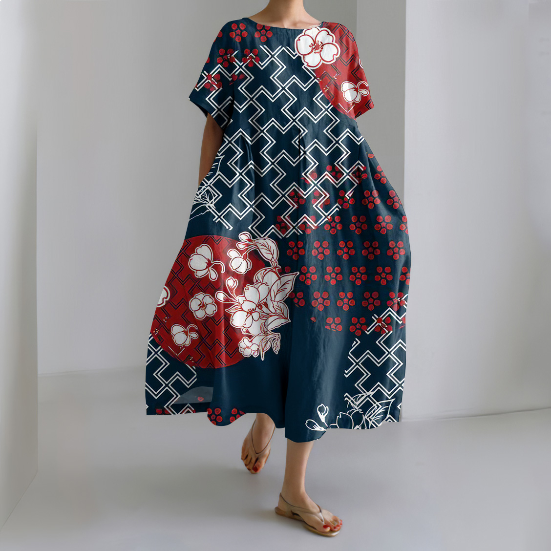 Vintage Japanese Flower Art Print Short Sleeve Midi Dress