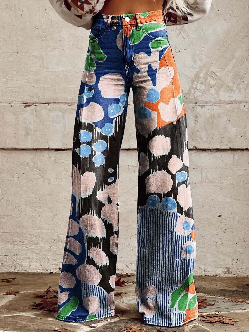 Vintage Print Casual Wide-Leg Pants