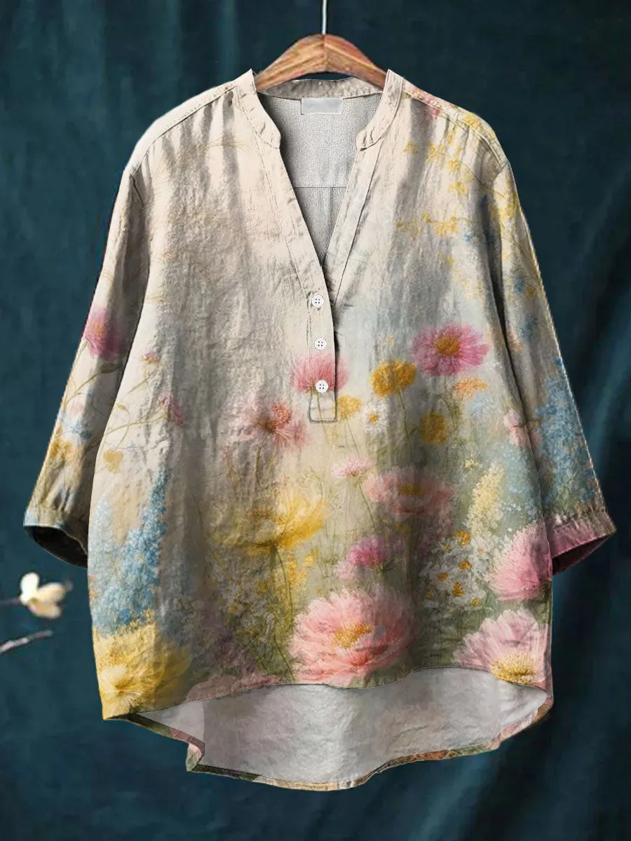 Art Vintage Oil Painting Flower Print Casual Cotton & Linen Ruffle Shirt