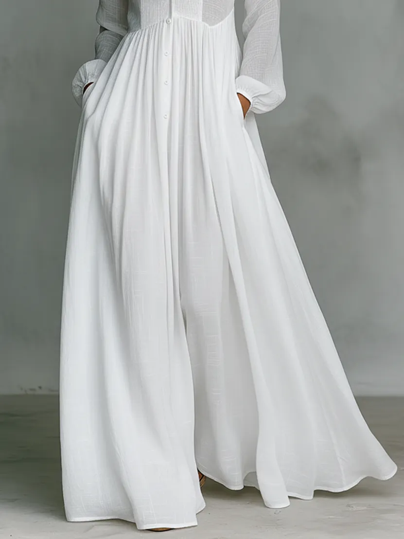Women's Minimalist Cotton And Linen Patchwork Single-breasted Stand-up Collar Long-sleeved Maxi Dress