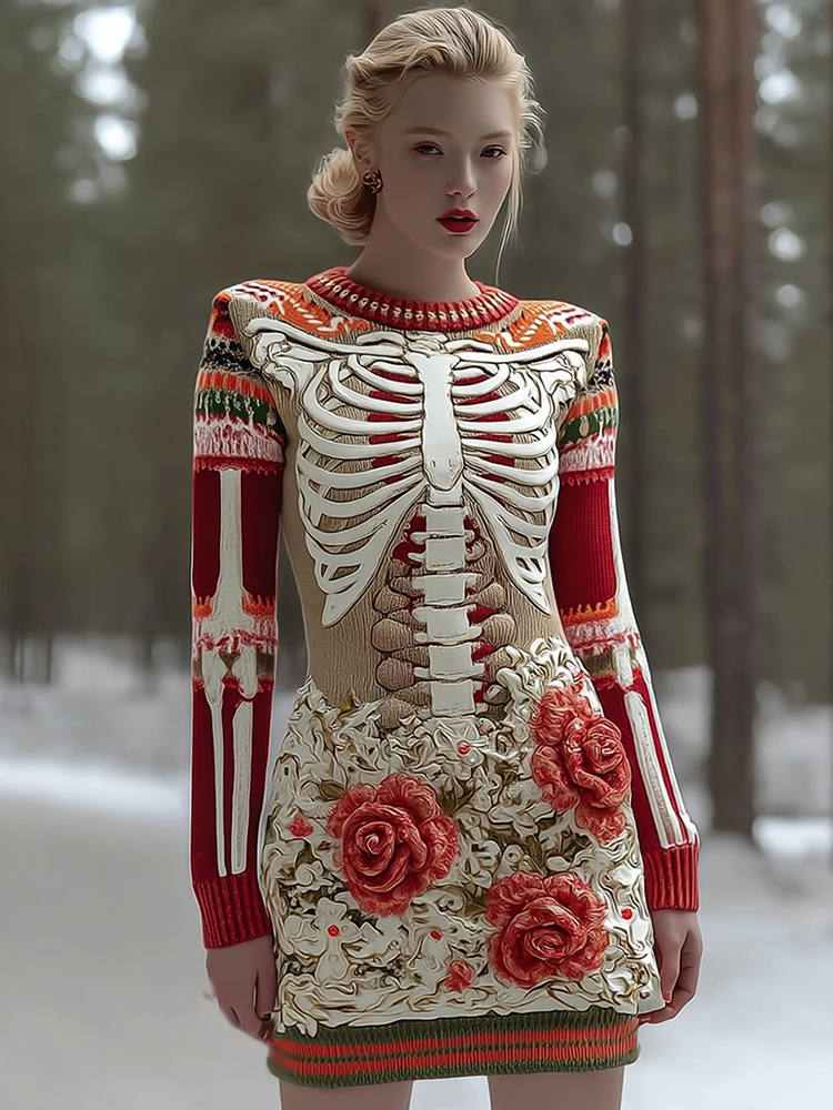 Women's Vintage Halloween Skeleton Bones With Rose Art Cozy Knit Mini Sweater Dress