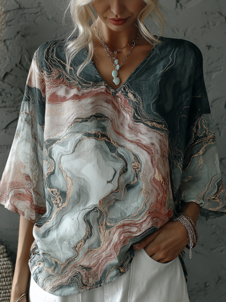 Vintage Marble Texture Collection Bohemia Women Style Gradient Gilded Pattern T-shirt