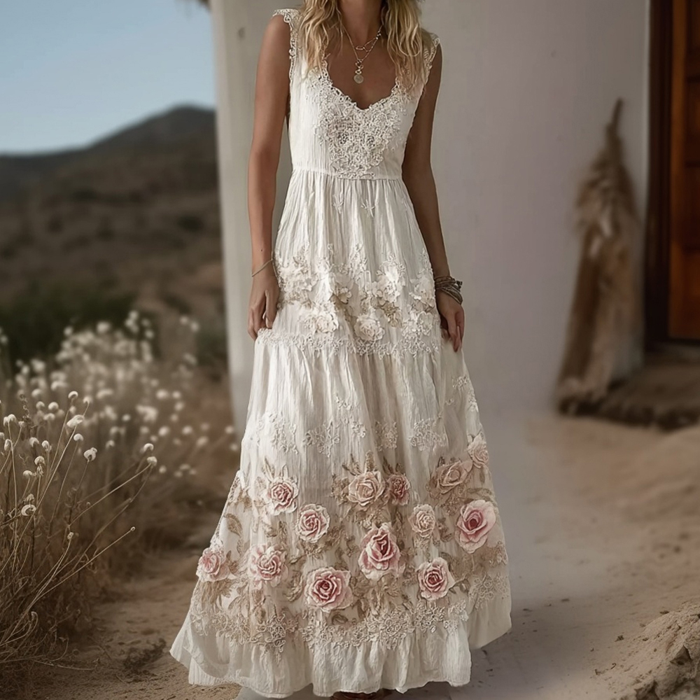 Vintage Boho Pink Roses Embroidered Flowy Lace Maxi Dress