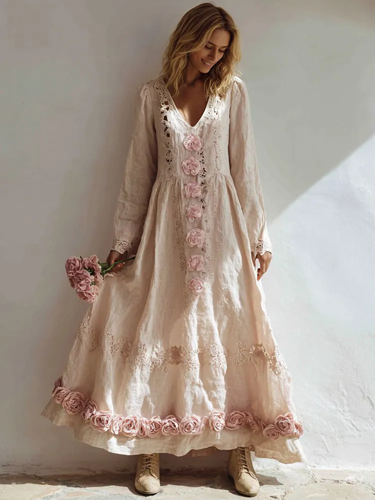 Women's Pink Rose Patchwork Lace V-neck Dress