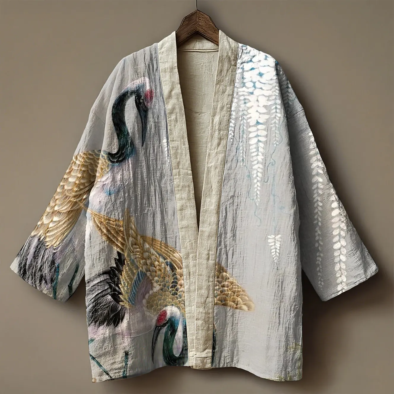 Japanese Cranes& Sea Waves Embroidered Linen Kimono Cardigan