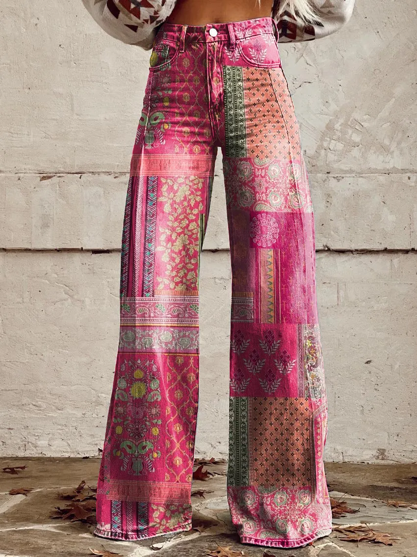 Vintage Floral Art Casual Wide-Leg Pants