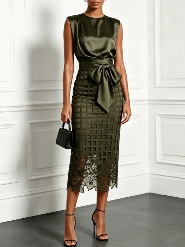 Champagne Lace Crew Neck Sleeveless Elegant Top With Skirt Two-Piece Set