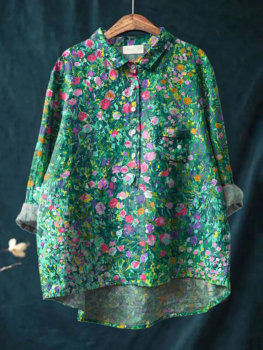 Vintage Floral Art Print Casual Cotton & Linen Shirt