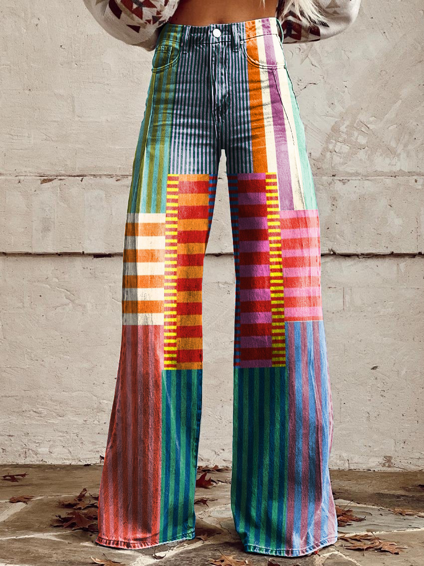Retro Abstract Geometric Art Casual Wide-Leg Pants