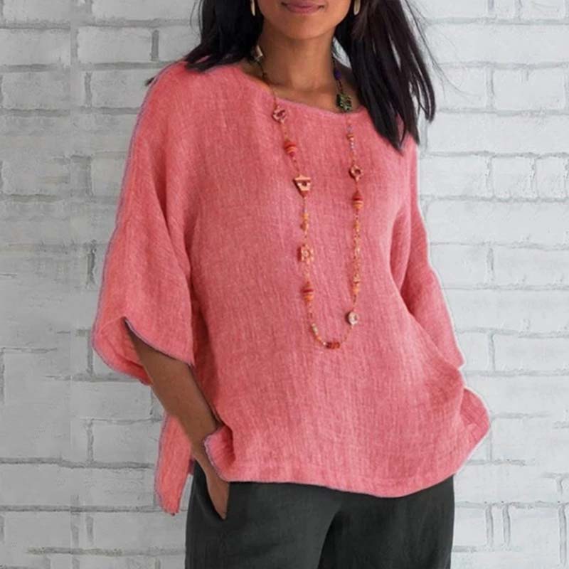 3/4 Sleeve Round Neck Cotton & Linen T-Shirt