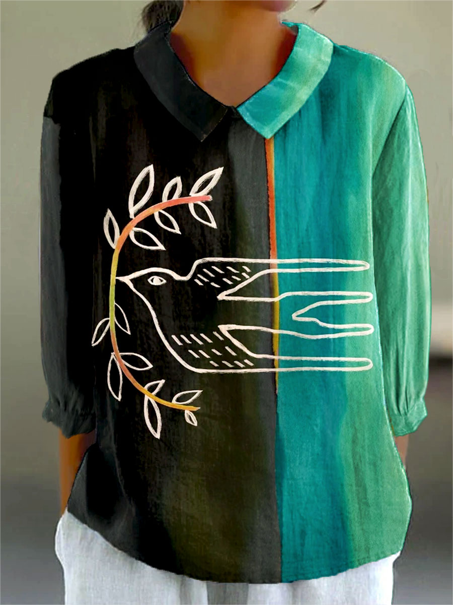 Vintage Bird Swallow Art Print Casual Cotton & Linen 3/4 Sleeve Shirt