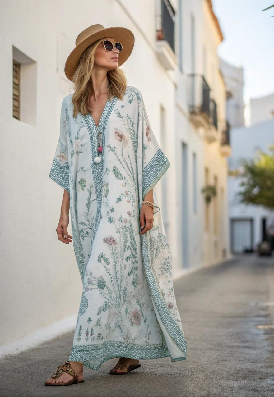 Cotton & Linen Long Sleeve Kaftan Maxi Dress