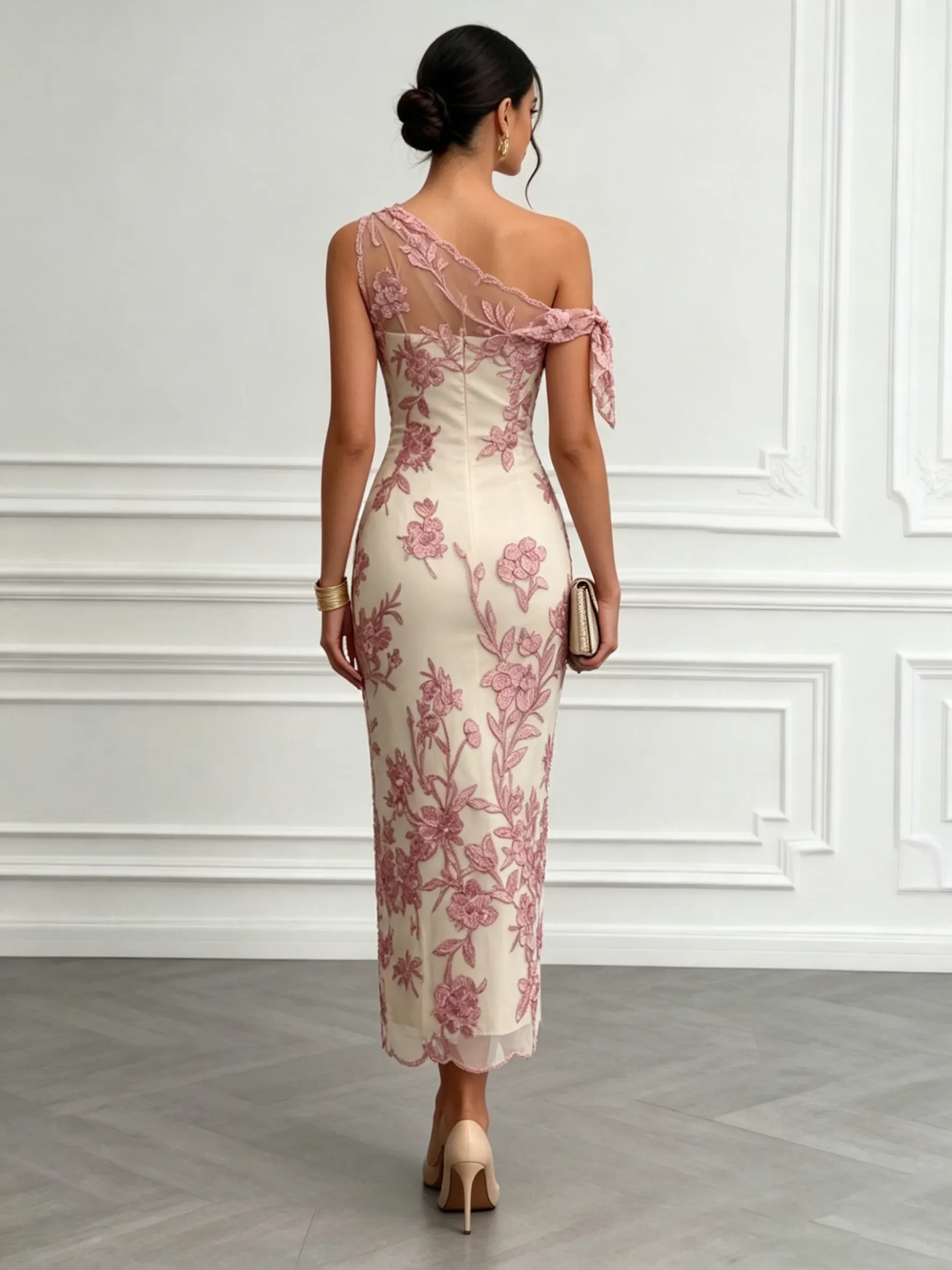 Pink Bow Lace One-Shoulder Sleeveless Sheath Maxi Dress