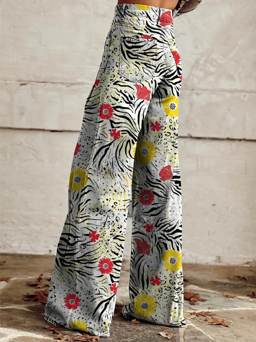 Daisy Leopard Print Casual Wide-Leg Pants