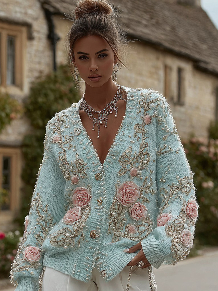 Women's Vintage Rose Pearl Embroidery Knitted Sweater Cardigan