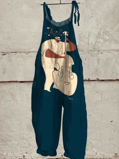 Decorative Pattern of Jazz Cellist Playing Casual Wide-Leg Jumpsuit