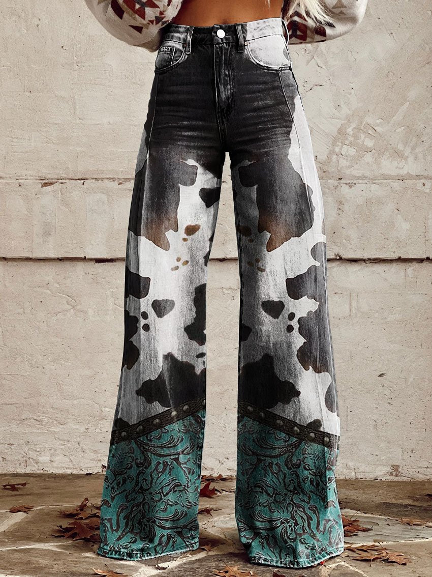 Vintage Print Casual Wide-Leg Pants