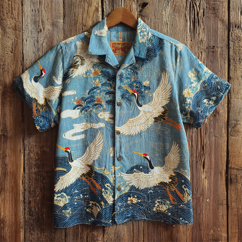 Japanese Cranes Floral Sea Waves Linen Shirt
