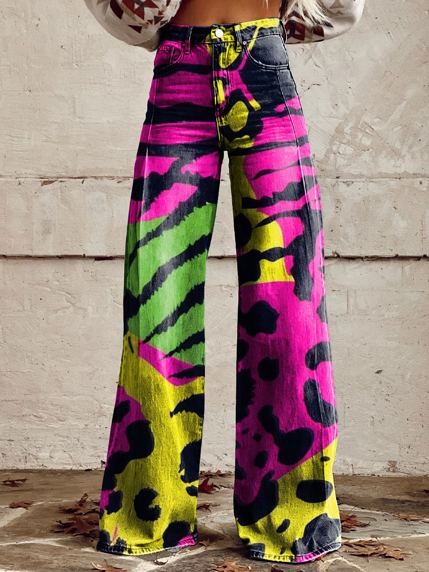 Vintage Print Casual Wide-Leg Pants