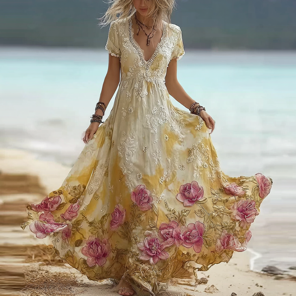 Bohemian Style Pink Rose V-neck Short-sleeved Dress