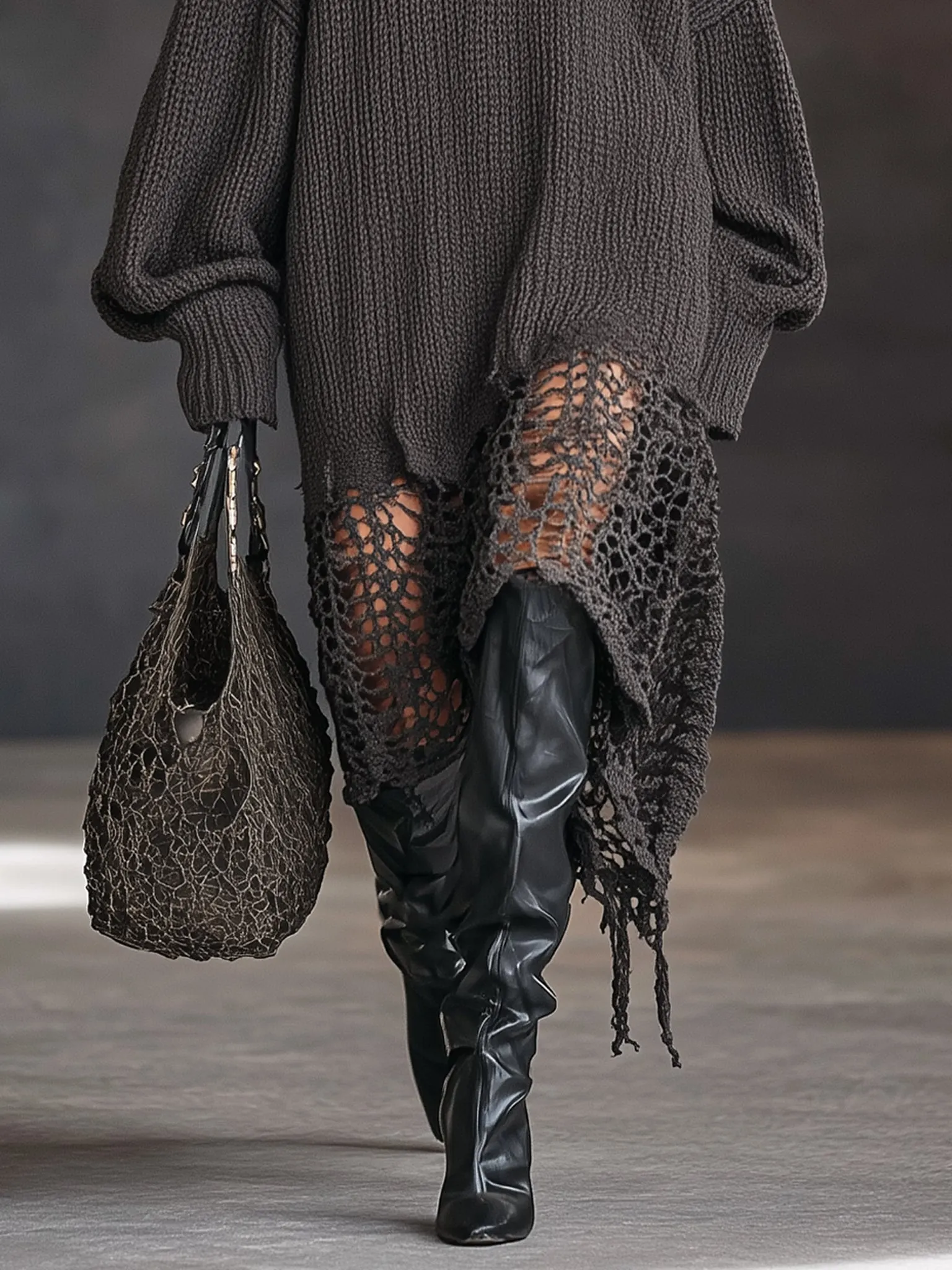 Charcoal Gray V-Neck Knit Mesh Long Sleeve Midi Dress