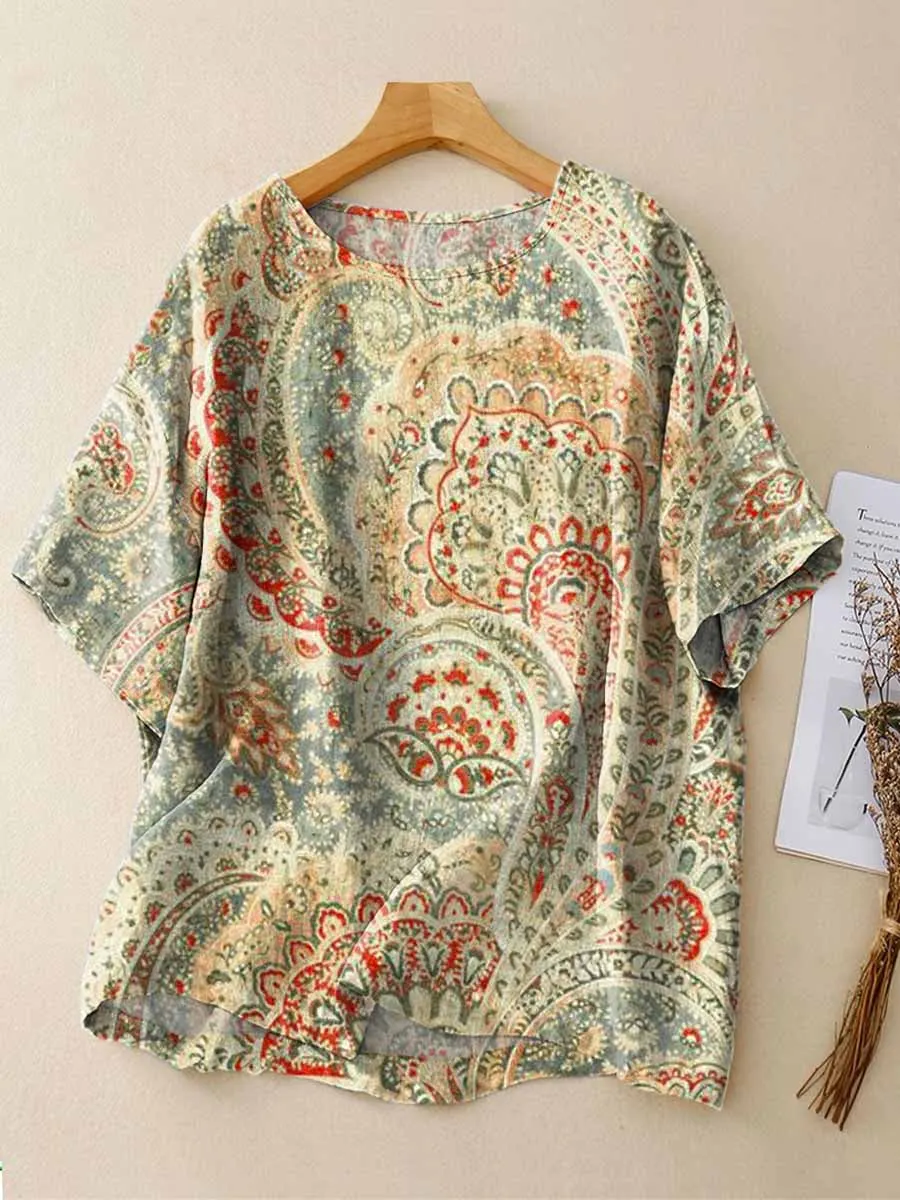 Floral Pattern Art Print Casual Linen Crew Neck Shirt