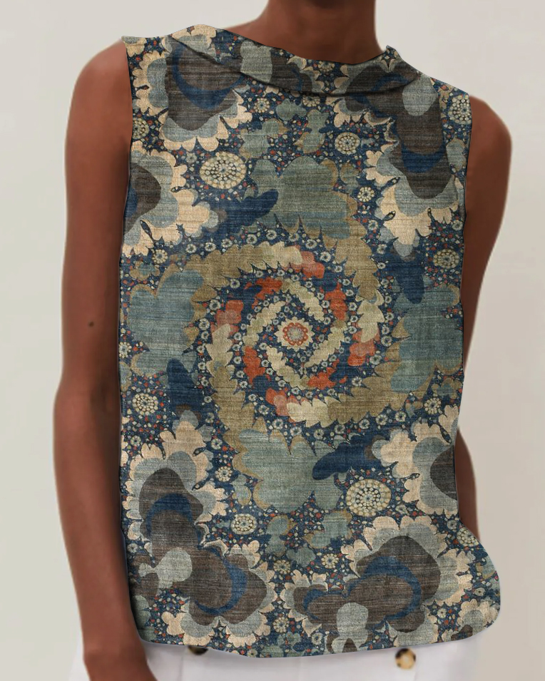 Vintage Art Print Cotton & Linen Round Neck Sleeveless Top