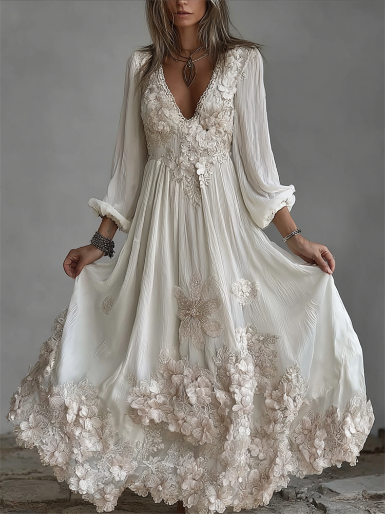 Boho Floral Glitter Lace Fiber Art Maxi Dress