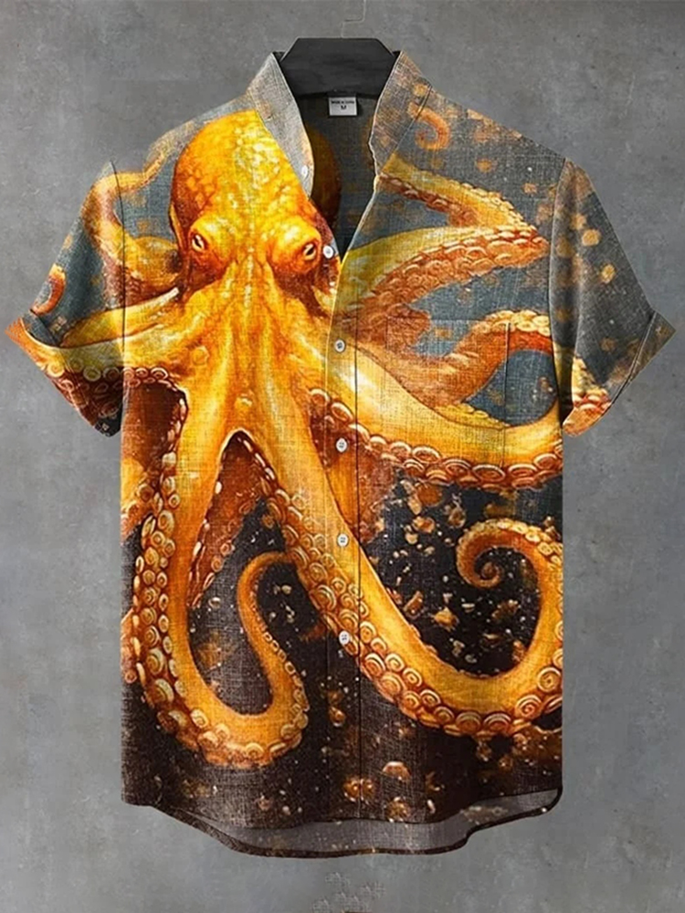 Retro Octopus Japanese Retro Linen Art Short-sleeve Shirt