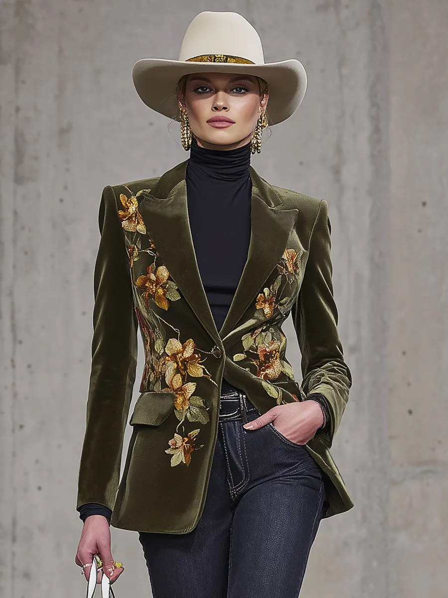 Retro-style Floral Print Velvet Blazer