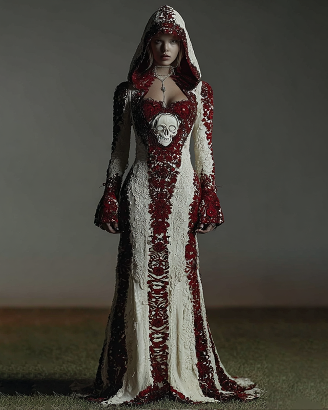 Bohemian style contrasting skull lace hooded Evening Dress ef66