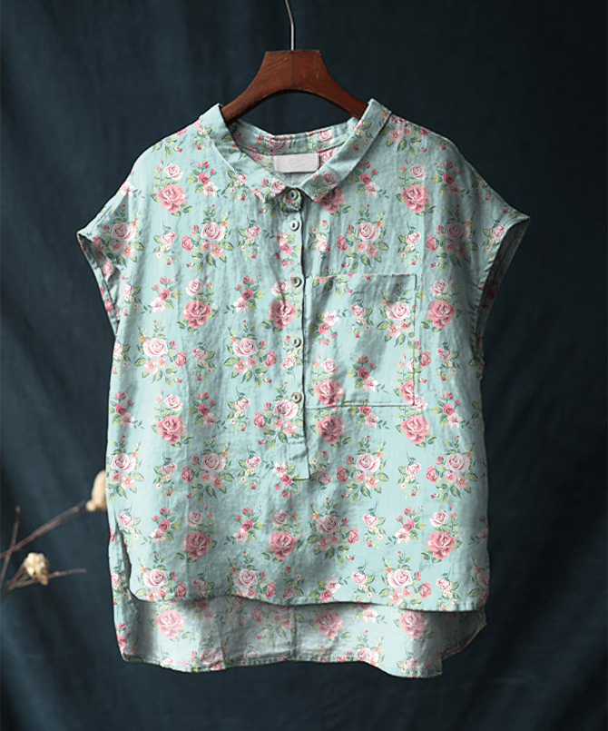 Vintage Rose Floral Print Short Sleeve Cotton & Linen Shirt