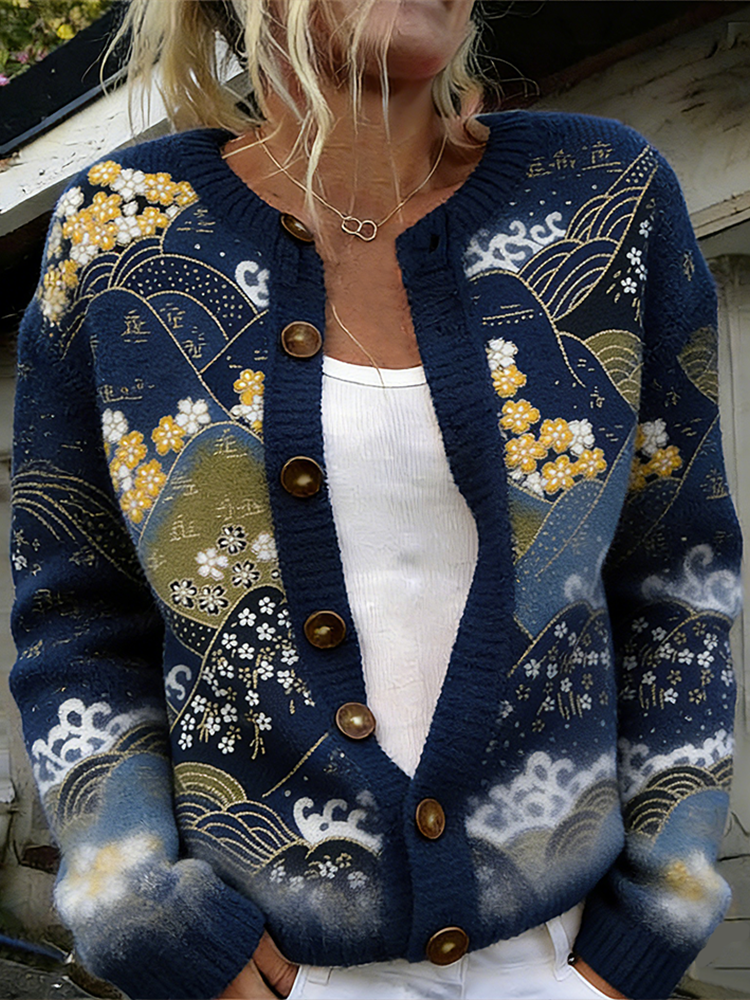 Japanese Art Style Retro Floral Ladies Sweater Cardigan