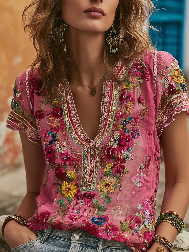 Women's Bohemian Floral Embroidered V-neck Linen T-shirt