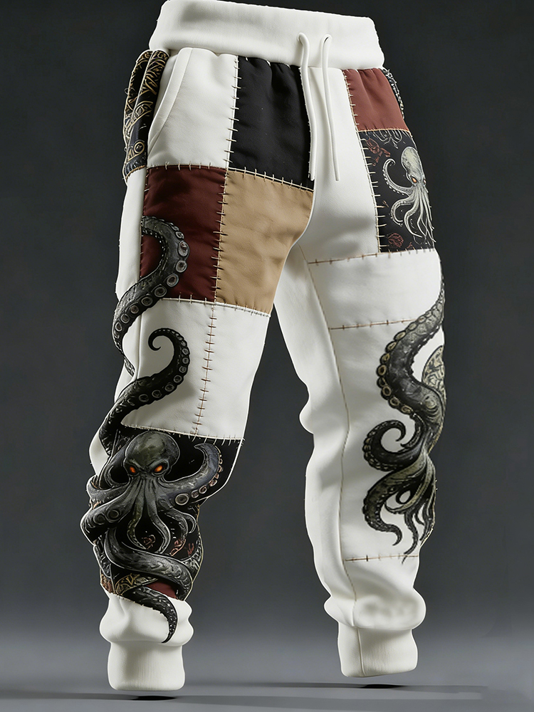Men's Cthulhu Octopus Japanese Art Print Patchwork Sweatpants