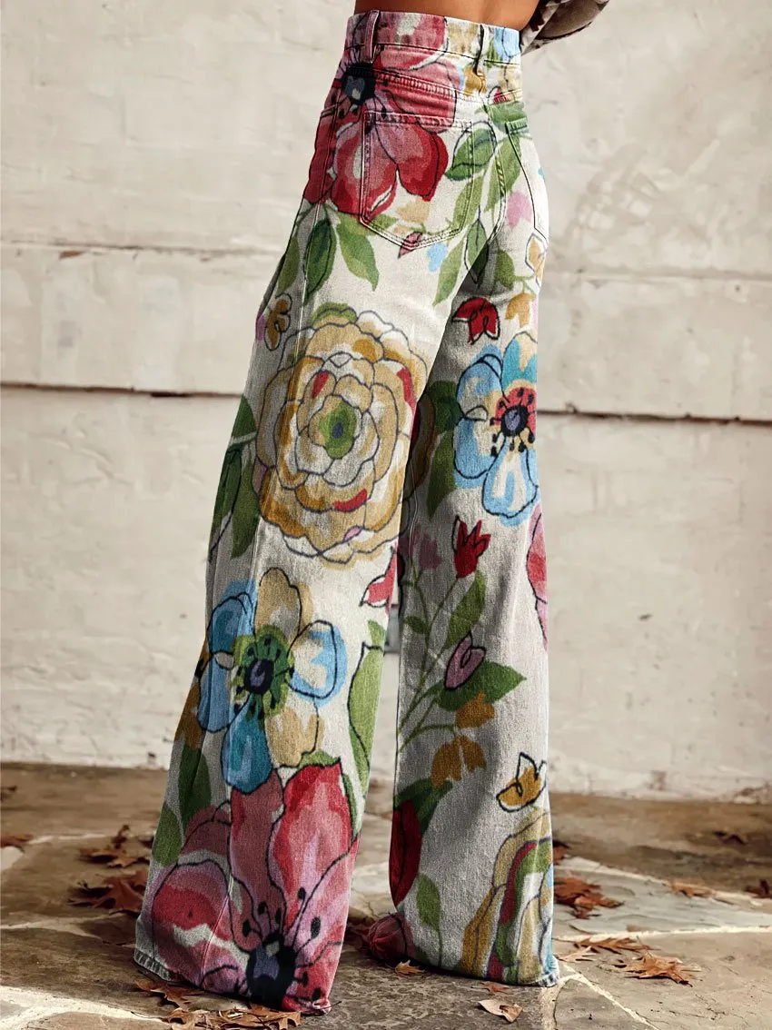 Vintage Wild West Print Casual Wide-Leg Pants