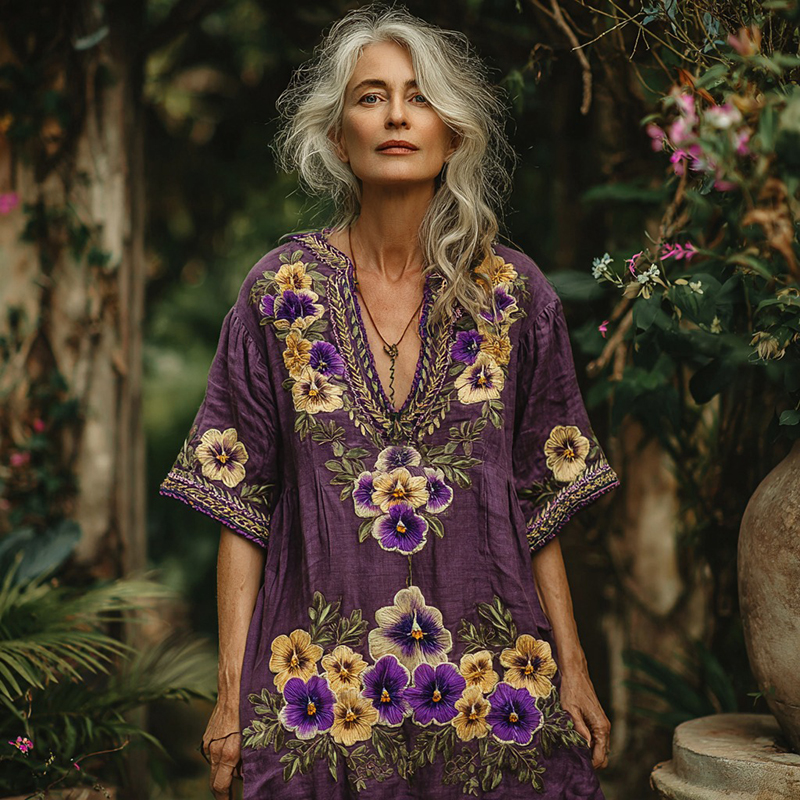 Women's Pansy Embroidery Design Inspired Art Casual V Neck Maxi Dress