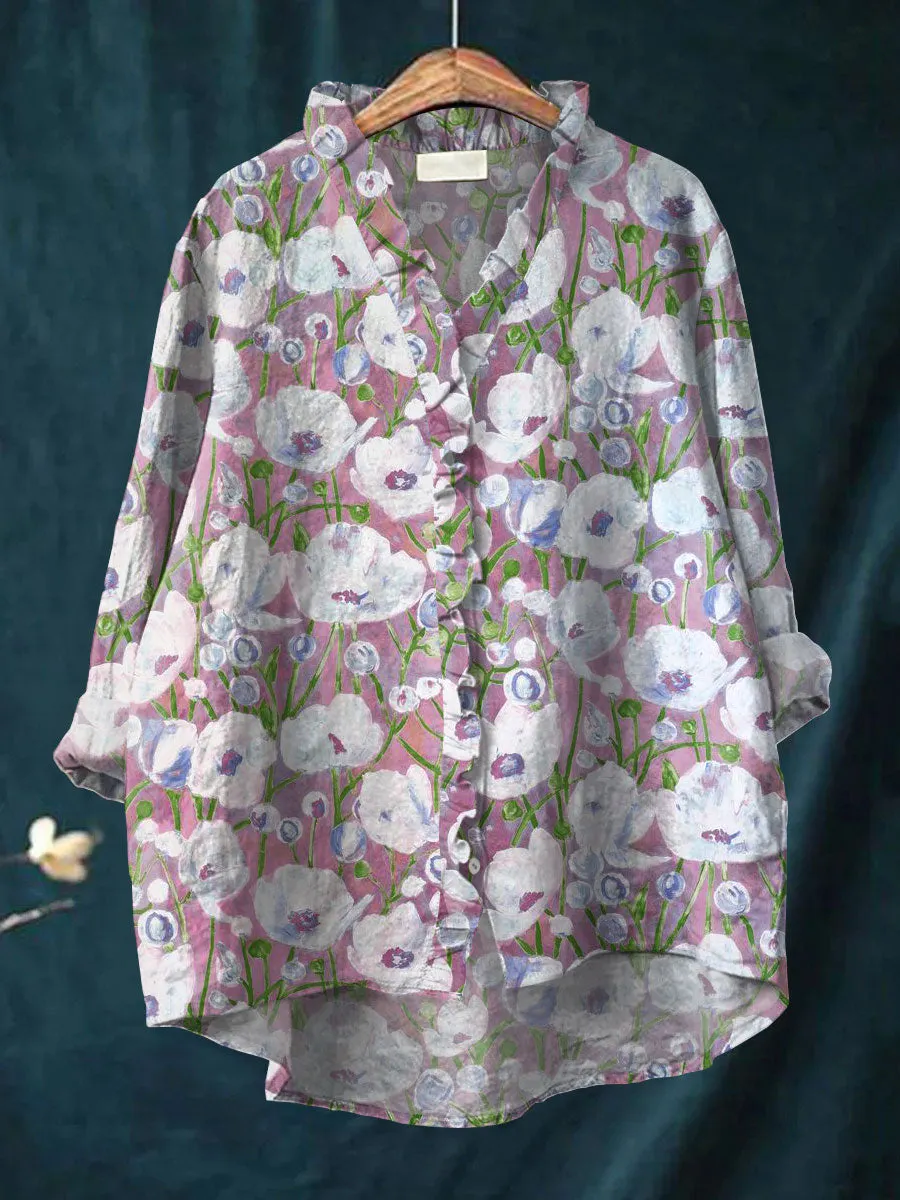 Vintage Flowers Art Print Casual Cotton & Linen Ruffle Shirt