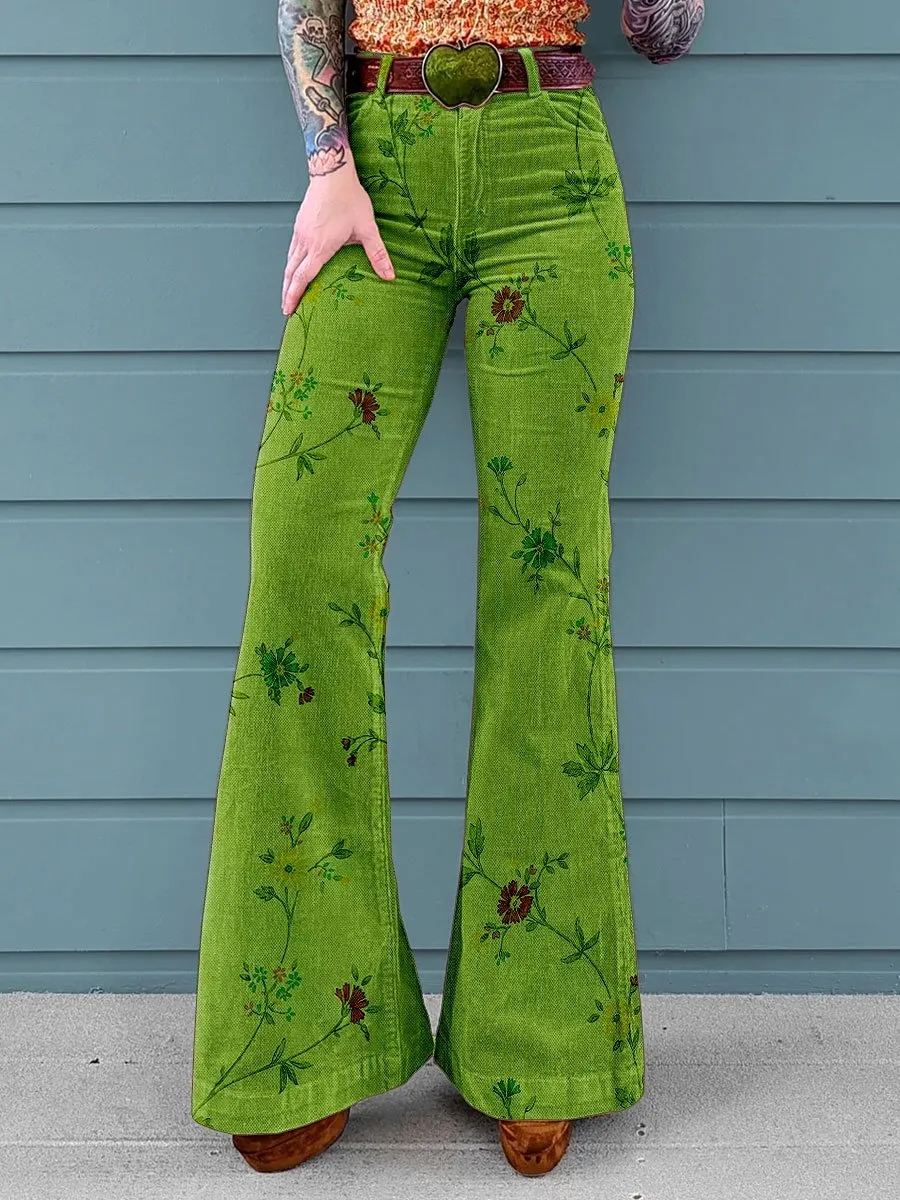 Vintage Flower Print Mid Waist Buttoned Hem Bootcut Jeans Without Belt