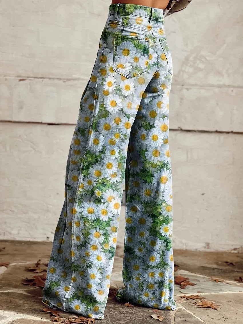 Daisy Print Casual Wide-Leg Pants