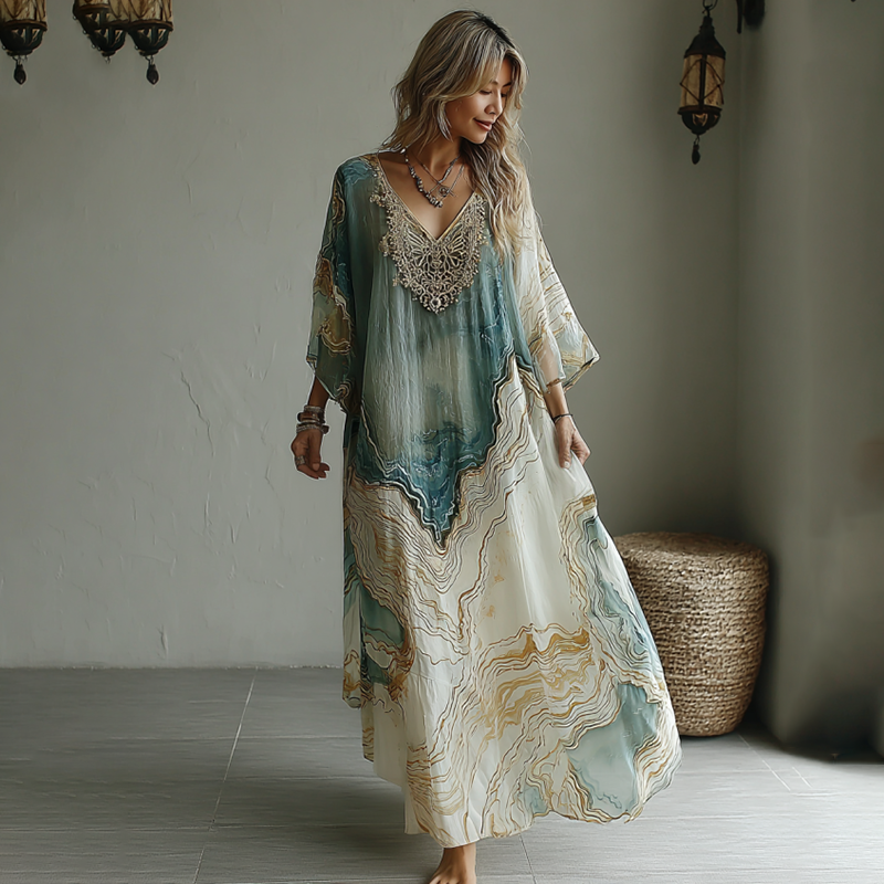 Vintage Marble Texture Collection Retro Bohemia Women Style Gradient Gilded Pattern Maxi Dress