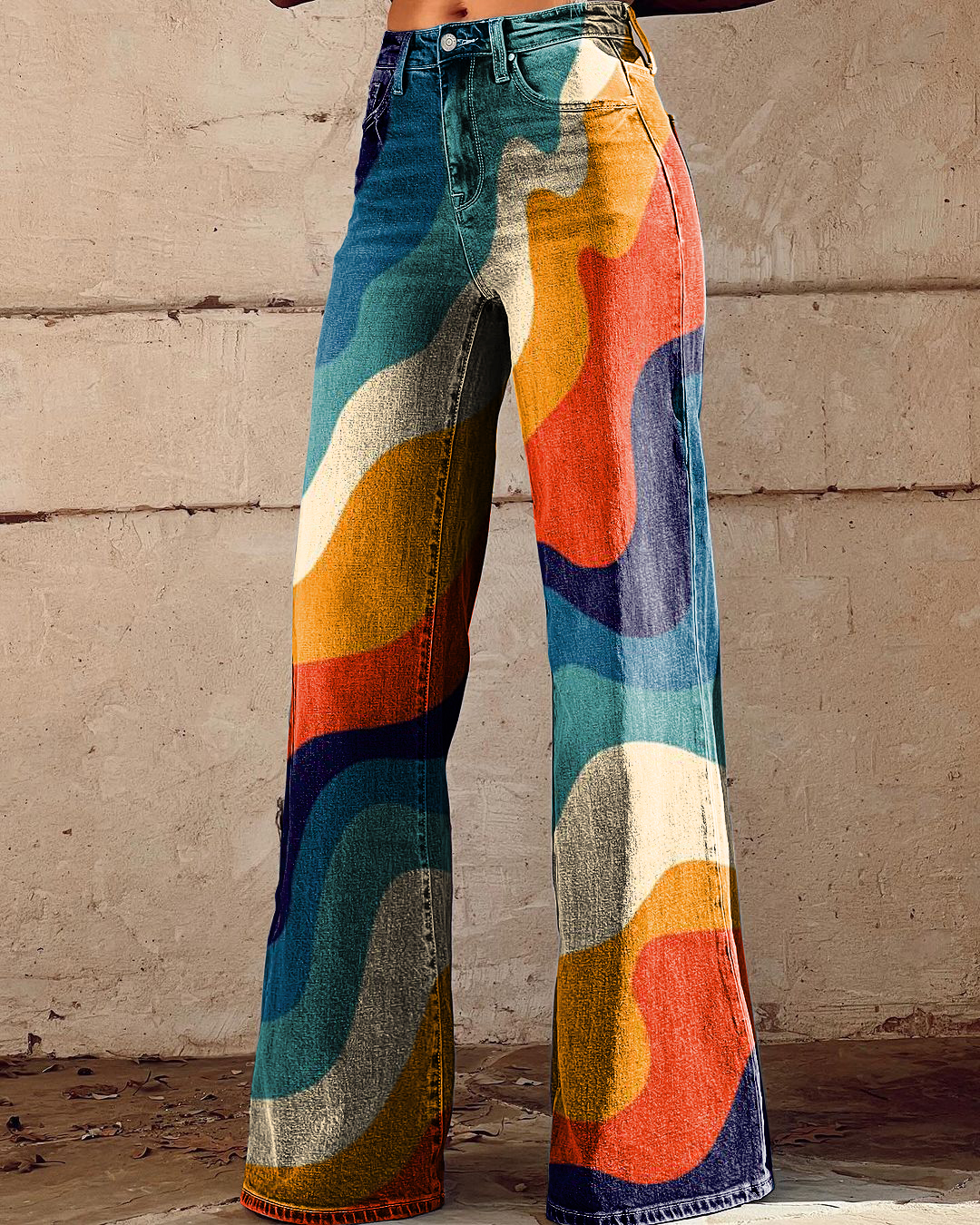 Retro Abstract Art Print Casual Wide-Leg Pants