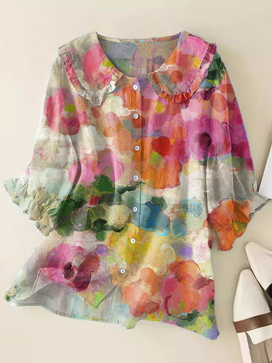 Vintage Flowers Art Print Loose Top Peter Pan Collar Half Sleeve Blouses