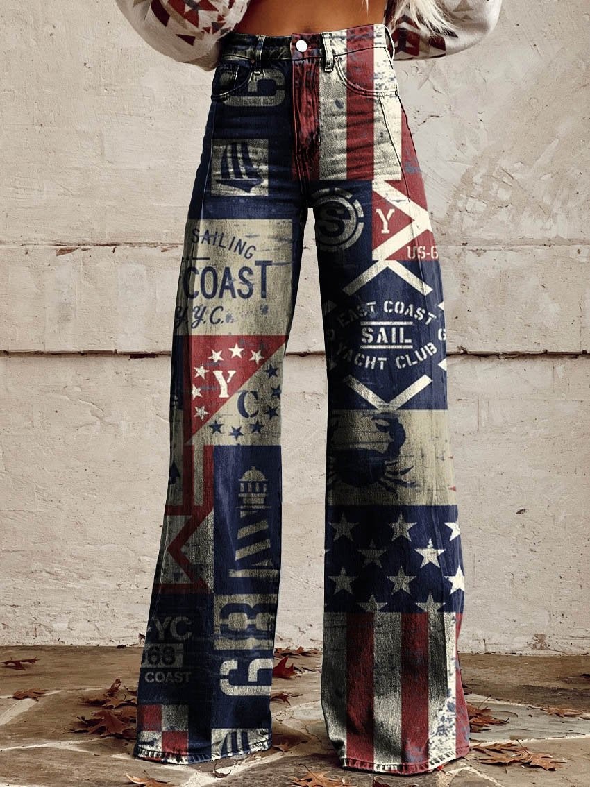 Flag Element Print Casual Wide-Leg Pants