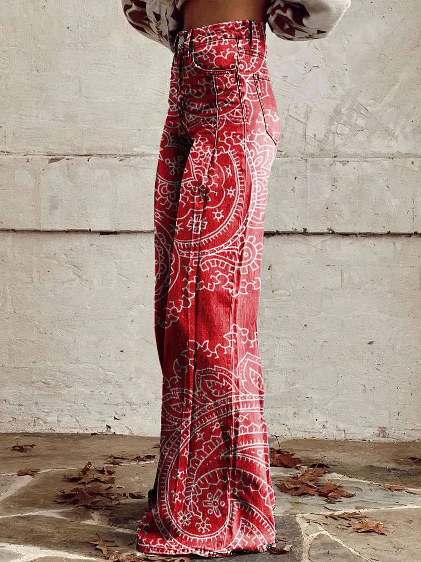 Bohemian Paisley Print Casual Wide-Leg Pants