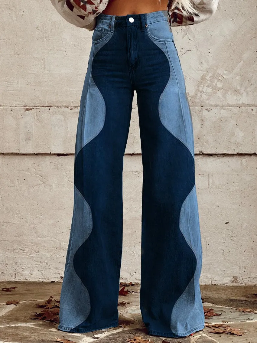Wavy Denim Pattern Print Casual Wide-Leg Pants
