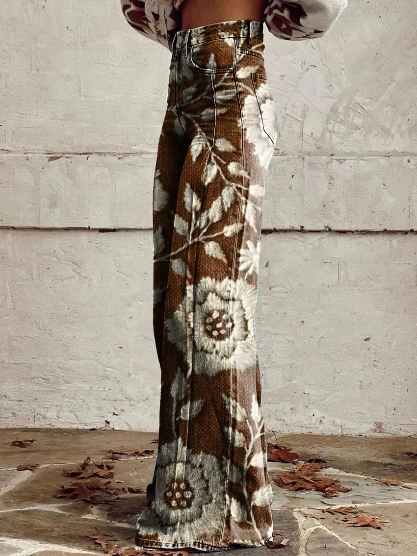 Vintage Floral Print Wide-Leg Pants